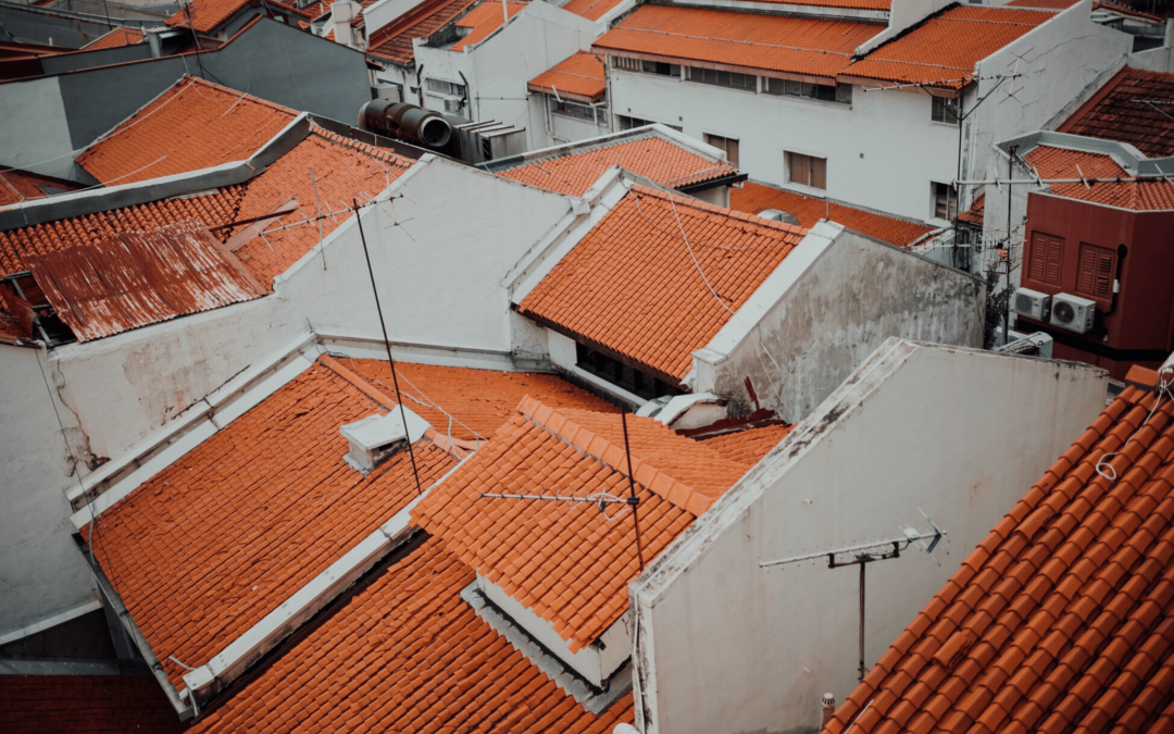 Overheard view of homes with bright Spanish tiles